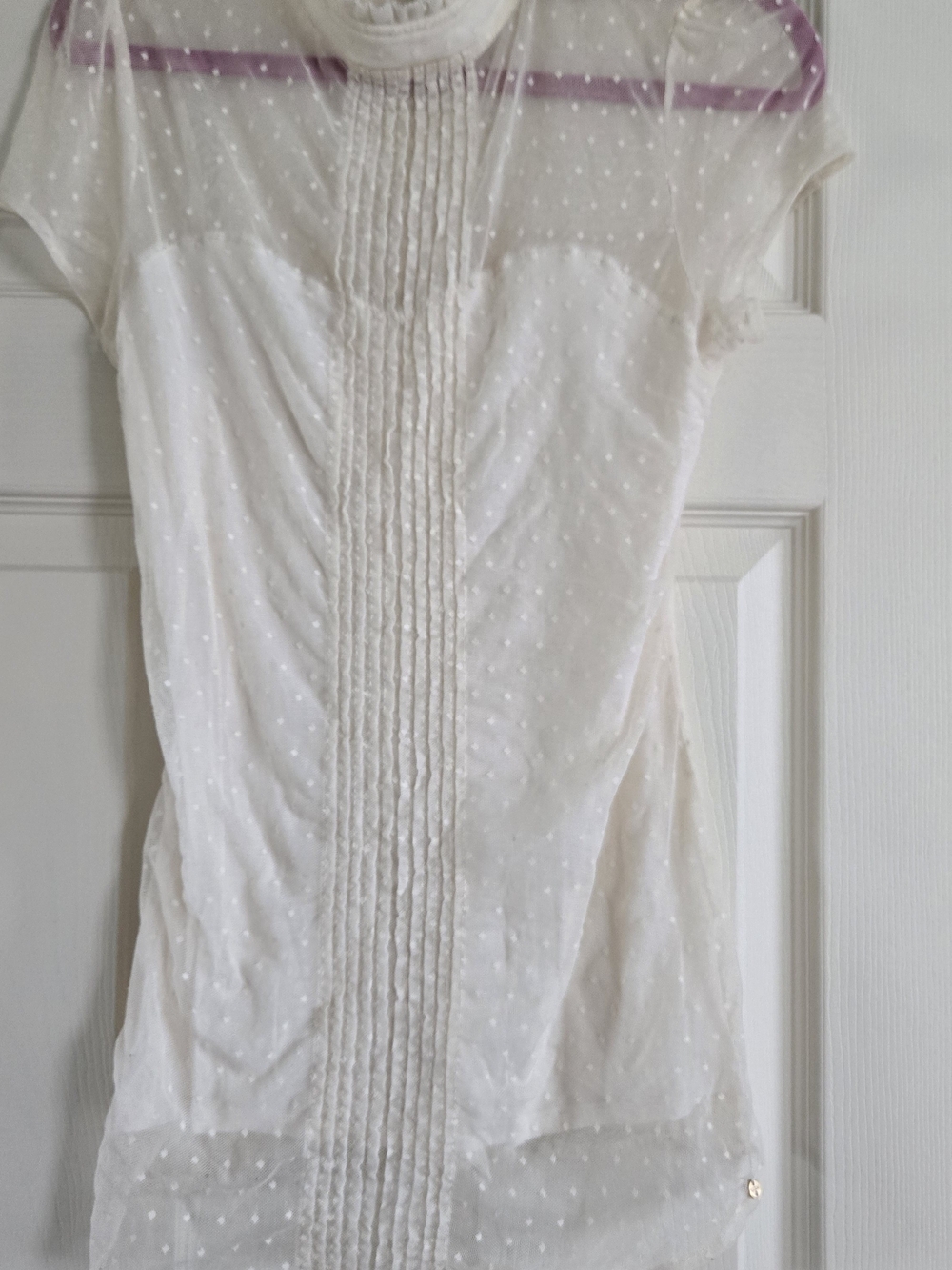 Guess Cream Swiss Dot Pintuck Short Sleeve Blouse